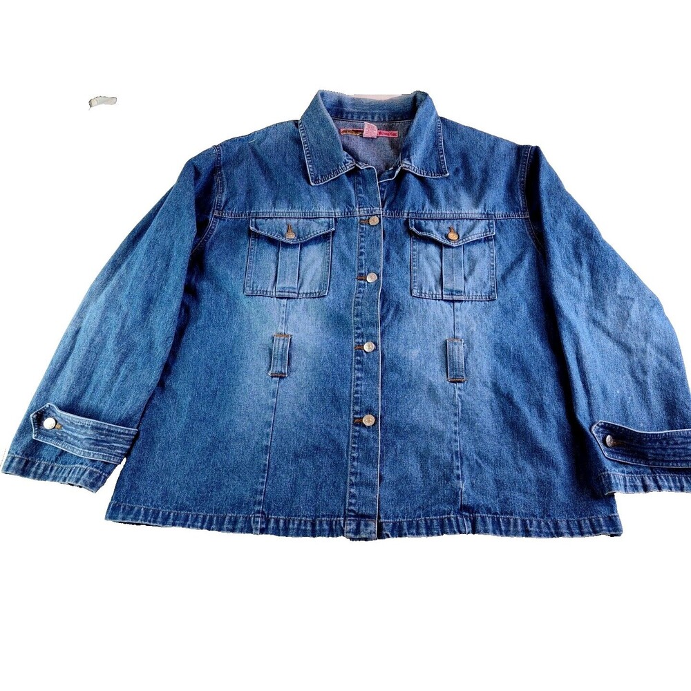 Denim Blue Jeans Distressed Women Jacket 3X Plus Size  Y2K Pockets Button Vtg